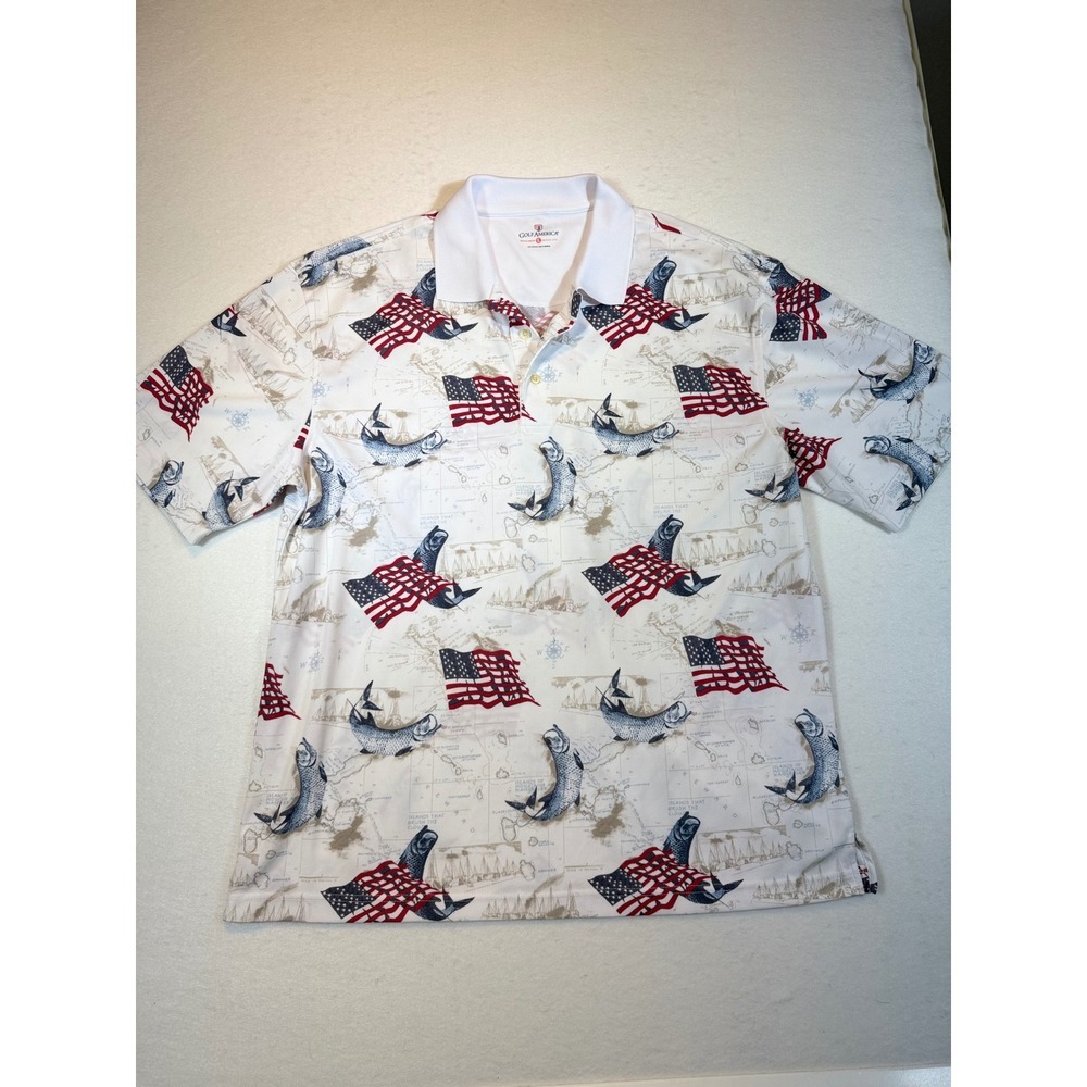 Golf America XL Polo Shirt American Flag Fish Graphic Novelty Golfing